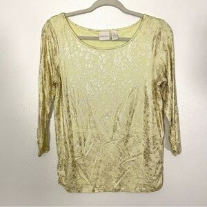 Chicos Women 0 US S Lime Green Gold Lace Print Maggie Top 3/4 Sleeve Metallic